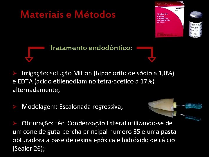 Materiais e Métodos Tratamento endodôntico: Ø Irrigação: solução Milton (hipoclorito de sódio a 1,