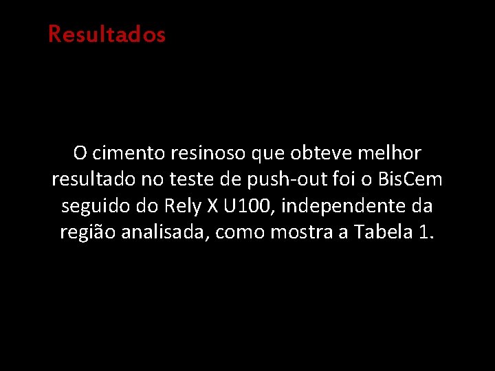 Resultados O cimento resinoso que obteve melhor resultado no teste de push-out foi o