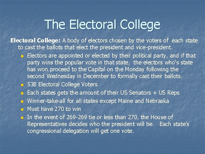 The Electoral College: A body of electors chosen by the voters of each state