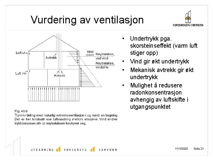 Vurdering av ventilasjon • Undertrykk pga. skorsteinseffekt (varm luft stiger opp) • Vind gir