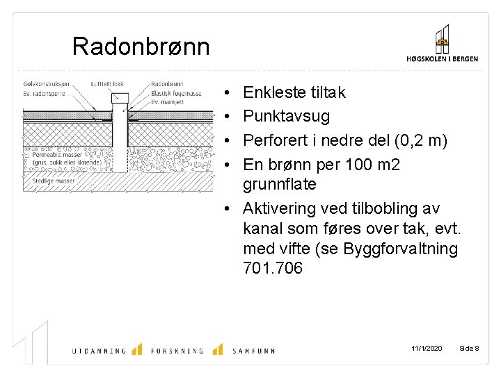 Radonbrønn • • Enkleste tiltak Punktavsug Perforert i nedre del (0, 2 m) En