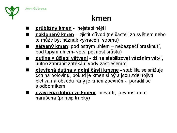 AOPK ČR Ostrava n n n kmen průběžný kmen - nejstabilnější nakloněný kmen –