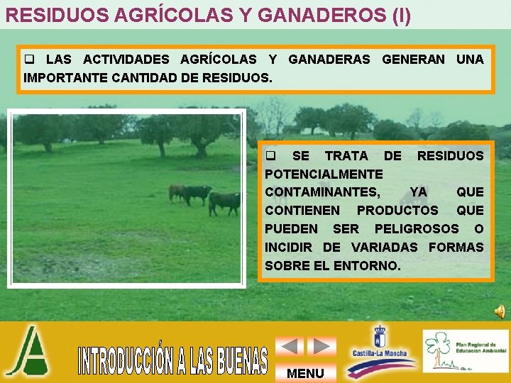 RESIDUOS AGRÍCOLAS Y GANADEROS (I) q LAS ACTIVIDADES AGRÍCOLAS Y GANADERAS GENERAN UNA IMPORTANTE