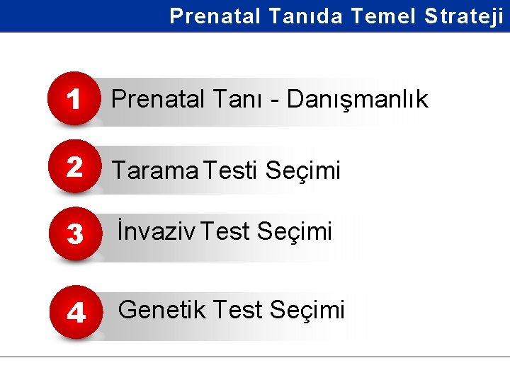 Prenatal Tanıda Temel Strateji 1 Prenatal Tanı - Danışmanlık 2 Tarama Testi Seçimi 3