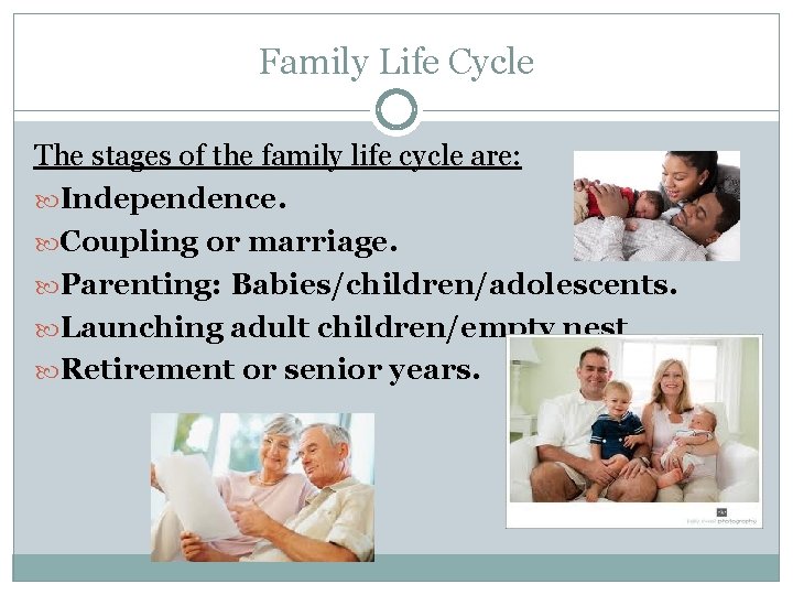 Family Life Cycle The stages of the family life cycle are: Independence. Coupling or Family Life Cycle The stages of the family life cycle are: Independence. Coupling or
