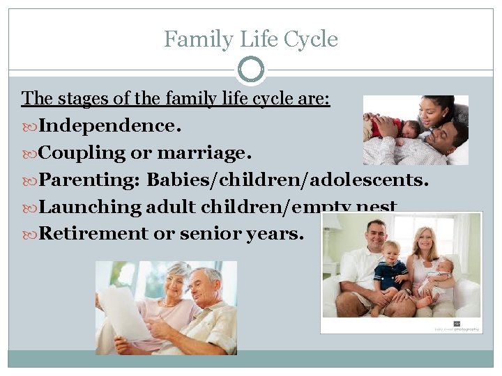 Family Life Cycle The stages of the family life cycle are: Independence. Coupling or