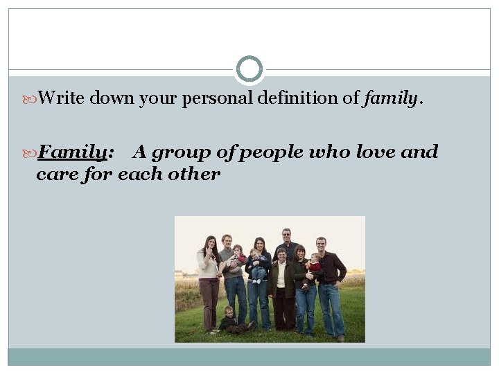  Write down your personal definition of family. Family: A group of people who