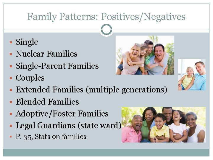 Family Patterns: Positives/Negatives § Single § Nuclear Families § Single-Parent Families § Couples §