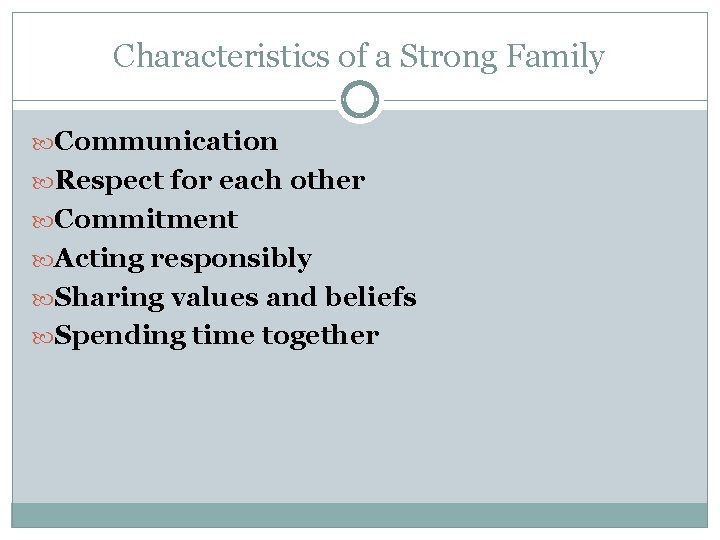 Characteristics of a Strong Family Communication Respect for each other Commitment Acting responsibly Sharing