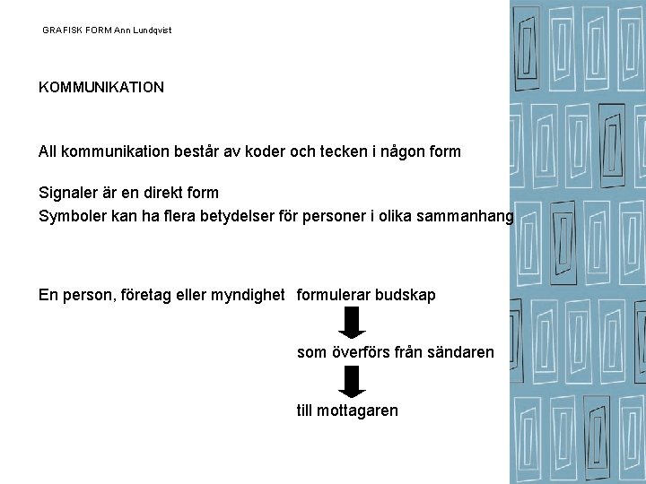 GRAFISK FORM Ann Lundqvist KOMMUNIKATION All kommunikation består av koder och tecken i någon