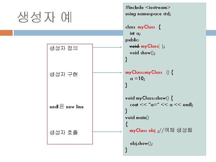 생성자 예 생성자 정의 생성자 구현 endl은 new line 생성자 호출 #include <iostream> using