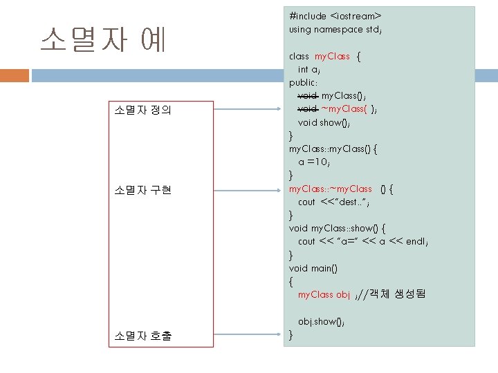 소멸자 예 소멸자 정의 소멸자 구현 #include <iostream> using namespace std; class my. Class