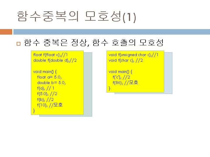 함수중복의 모호성(1) 함수 중복은 정상, 함수 호출의 모호성 float f(float x); //1 f(float x);