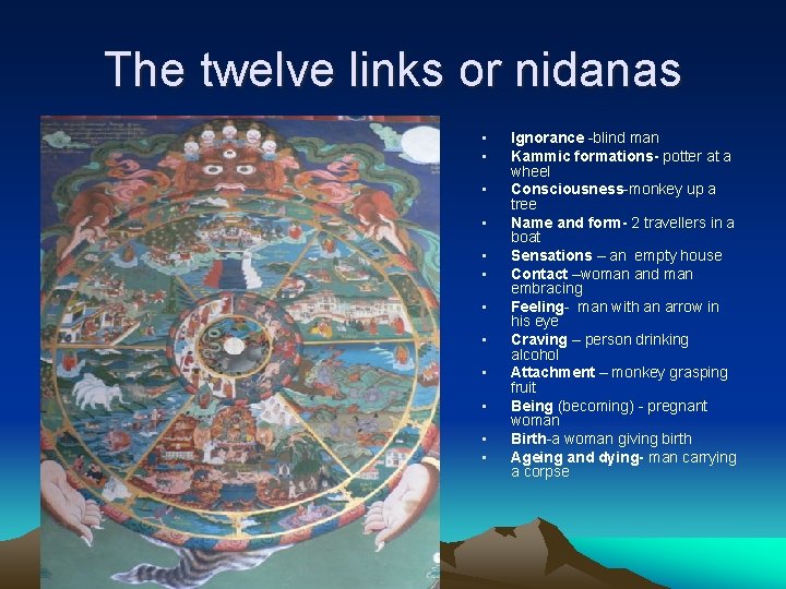 The twelve links or nidanas • • • Ignorance -blind man Kammic formations- potter