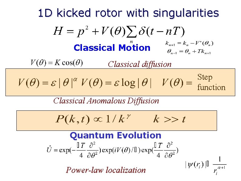 1 D kicked rotor with singularities Classical Motion Classical diffusion Step function Classical Anomalous