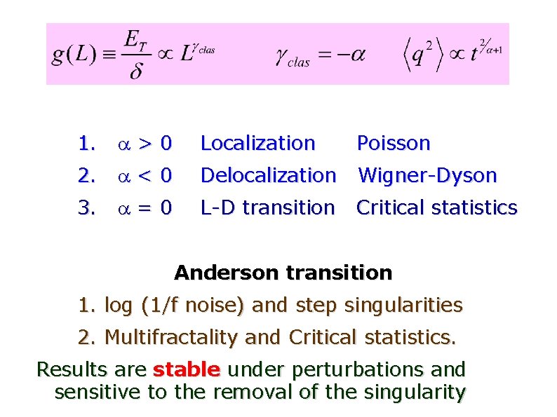 1. >0 Localization Poisson 2. <0 Delocalization Wigner-Dyson 3. =0 L-D transition Critical statistics