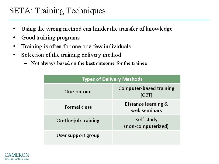 SETA: Training Techniques • • Using the wrong method can hinder the transfer of