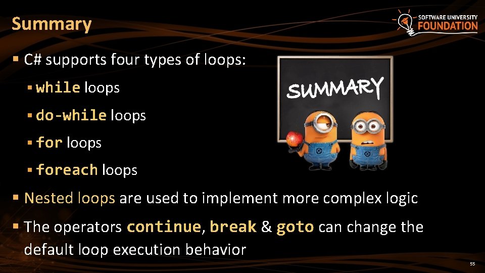 Summary § C# supports four types of loops: § while loops § do-while loops