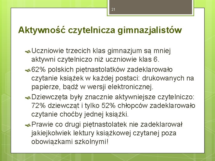 21 Aktywność czytelnicza gimnazjalistów Uczniowie trzecich klas gimnazjum są mniej aktywni czytelniczo niż uczniowie