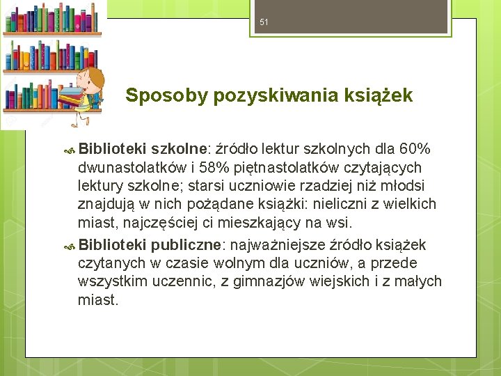 51 Sposoby pozyskiwania książek Biblioteki szkolne: źródło lektur szkolnych dla 60% dwunastolatków i 58%