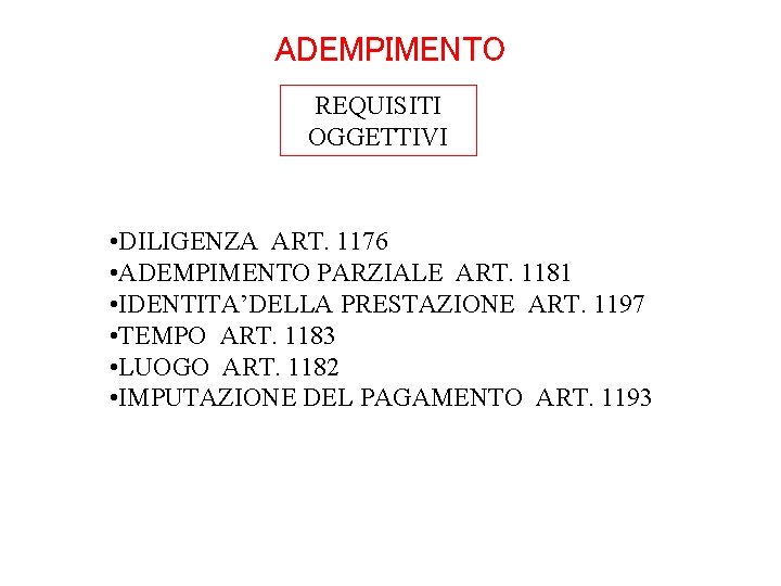 ADEMPIMENTO REQUISITI OGGETTIVI • DILIGENZA ART. 1176 • ADEMPIMENTO PARZIALE ART. 1181 • IDENTITA’DELLA