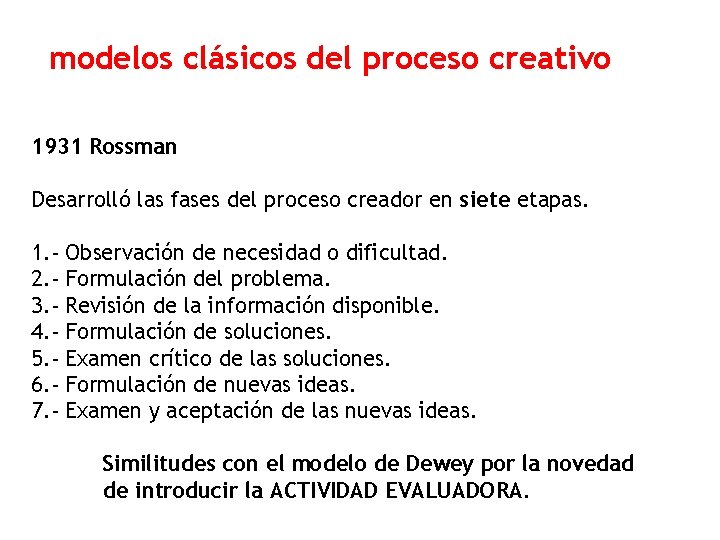 modelos clásicos del proceso creativo 1931 Rossman Desarrolló las fases del proceso creador en