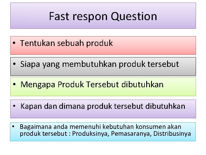 Fast respon Question • Tentukan sebuah produk • Siapa yang membutuhkan produk tersebut •