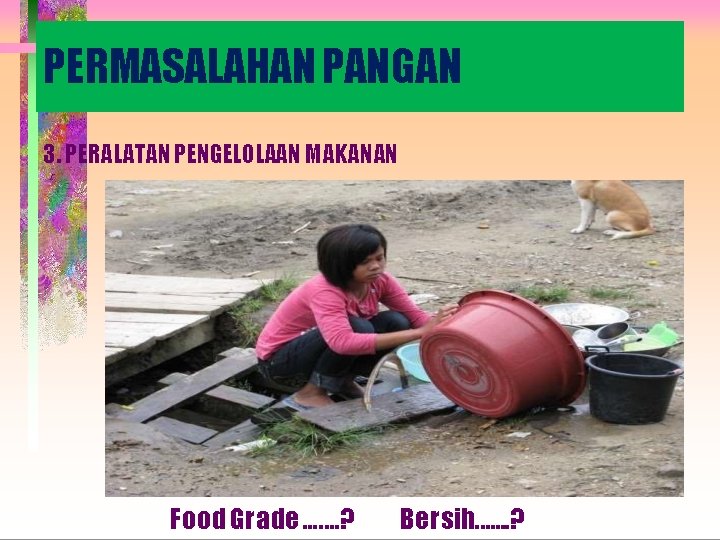PERMASALAHAN PANGAN 3. PERALATAN PENGELOLAAN MAKANAN Food Grade …. …? Bersih. . . .