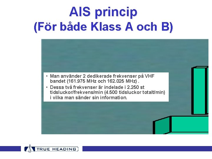 AIS princip (För både Klass A och B) • Man använder 2 dedikerade frekvenser AIS princip (För både Klass A och B) • Man använder 2 dedikerade frekvenser