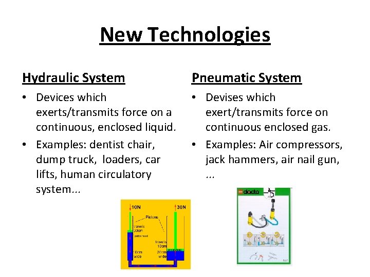 New Technologies Hydraulic System Pneumatic System • Devices which exerts/transmits force on a continuous,