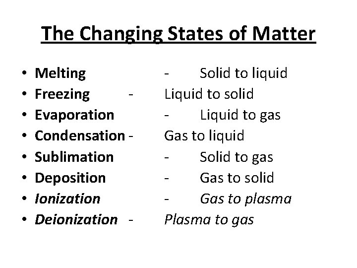 The Changing States of Matter • • Melting Freezing Evaporation Condensation Sublimation Deposition Ionization
