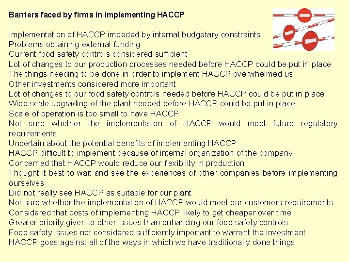 Barriers faced by firms in implementing HACCP Implementation of HACCP impeded by internal budgetary