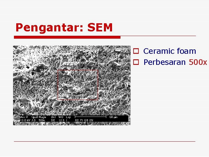 Pengantar: SEM o Ceramic foam o Perbesaran 500 x Pengantar: SEM o Ceramic foam o Perbesaran 500 x