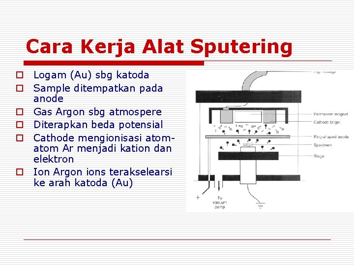 Cara Kerja Alat Sputering o Logam (Au) sbg katoda o Sample ditempatkan pada anode Cara Kerja Alat Sputering o Logam (Au) sbg katoda o Sample ditempatkan pada anode