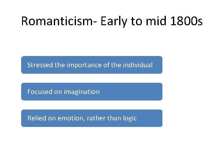 Romanticism- Early to mid 1800 s Stressed the importance of the individual Focused on