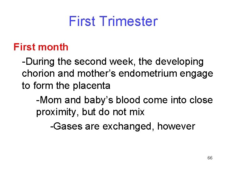 First Trimester First month -During the second week, the developing chorion and mother’s endometrium