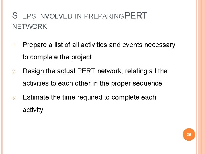 STEPS INVOLVED IN PREPARING PERT NETWORK 1. Prepare a list of all activities and