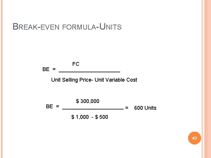 BREAK-EVEN FORMULA-UNITS FC BE = ___________ Unit Selling Price- Unit Variable Cost $ 300,