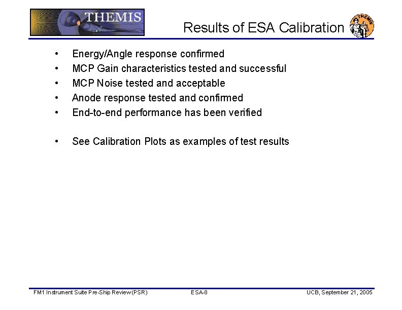 Results of ESA Calibration • • • Energy/Angle response confirmed MCP Gain characteristics tested