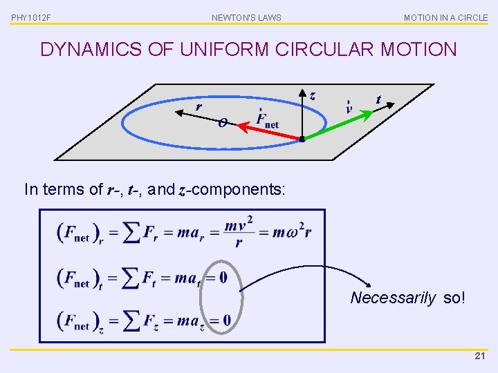 PHY 1012 F NEWTON’S LAWS MOTION IN A CIRCLE DYNAMICS OF UNIFORM CIRCULAR MOTION