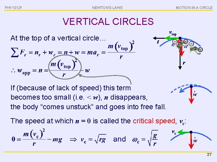 PHY 1012 F NEWTON’S LAWS MOTION IN A CIRCLE VERTICAL CIRCLES At the top