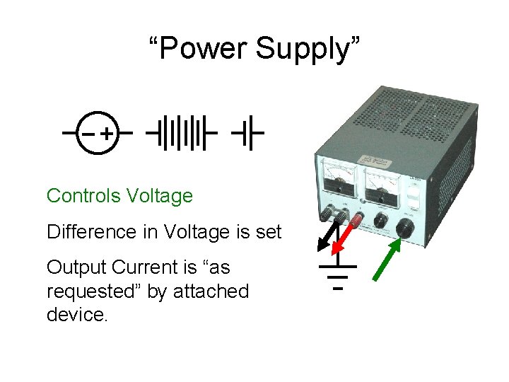“Power Supply” Controls Voltage Difference in Voltage is set Output Current is “as requested”