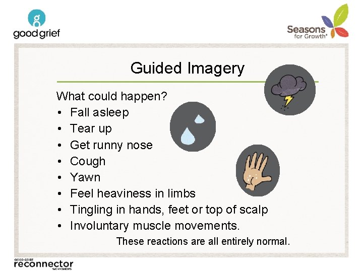 Guided Imagery What could happen? • Fall asleep • Tear up • Get runny