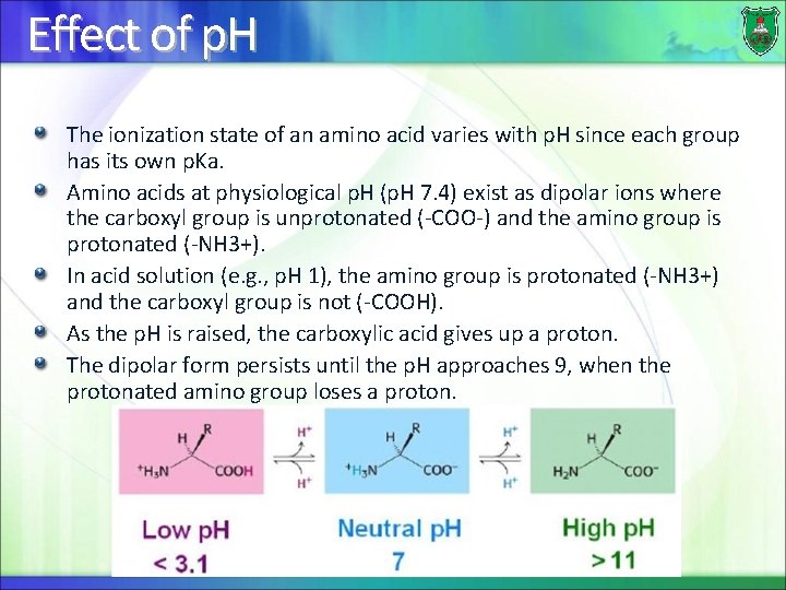 Effect of p. H The ionization state of an amino acid varies with p.