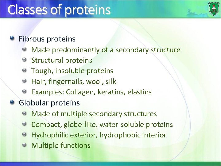 Classes of proteins Fibrous proteins Made predominantly of a secondary structure Structural proteins Tough,