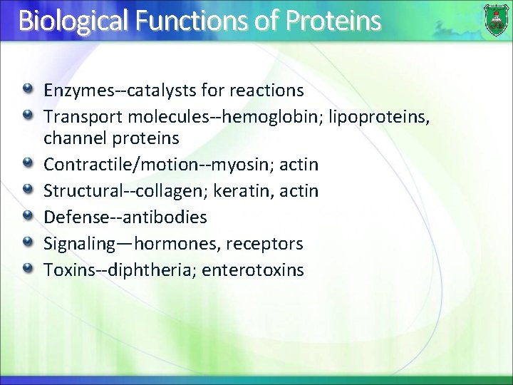 Biological Functions of Proteins Enzymes--catalysts for reactions Transport molecules--hemoglobin; lipoproteins, channel proteins Contractile/motion--myosin; actin