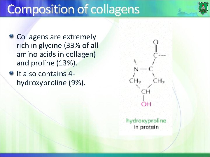 Composition of collagens Collagens are extremely rich in glycine (33% of all amino acids