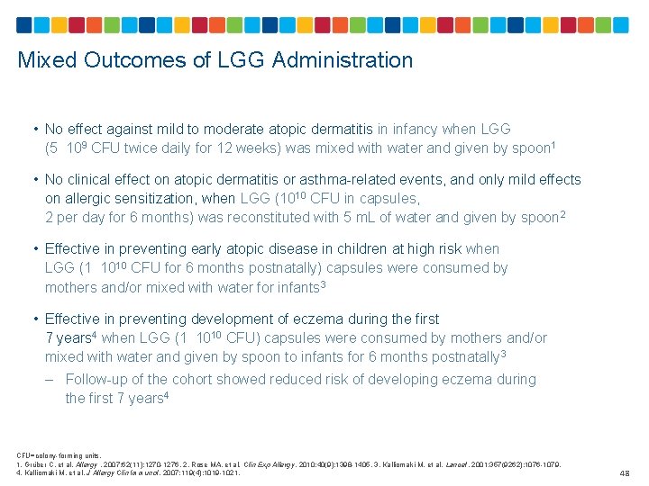 Mixed Outcomes of LGG Administration • No effect against mild to moderate atopic dermatitis