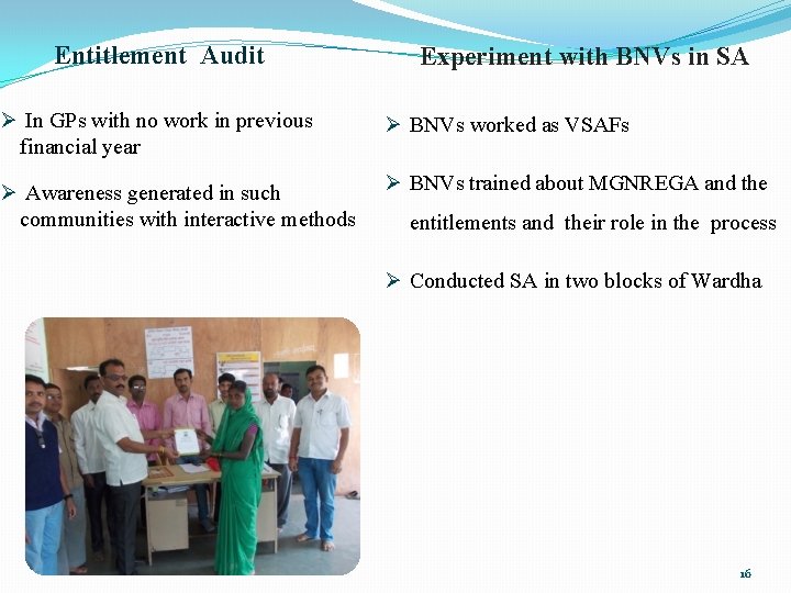 Entitlement Audit Experiment with BNVs in SA Ø In GPs with no work in