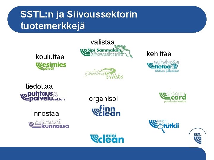 SSTL: n ja Siivoussektorin tuotemerkkejä valistaa kehittää kouluttaa tiedottaa organisoi innostaa 